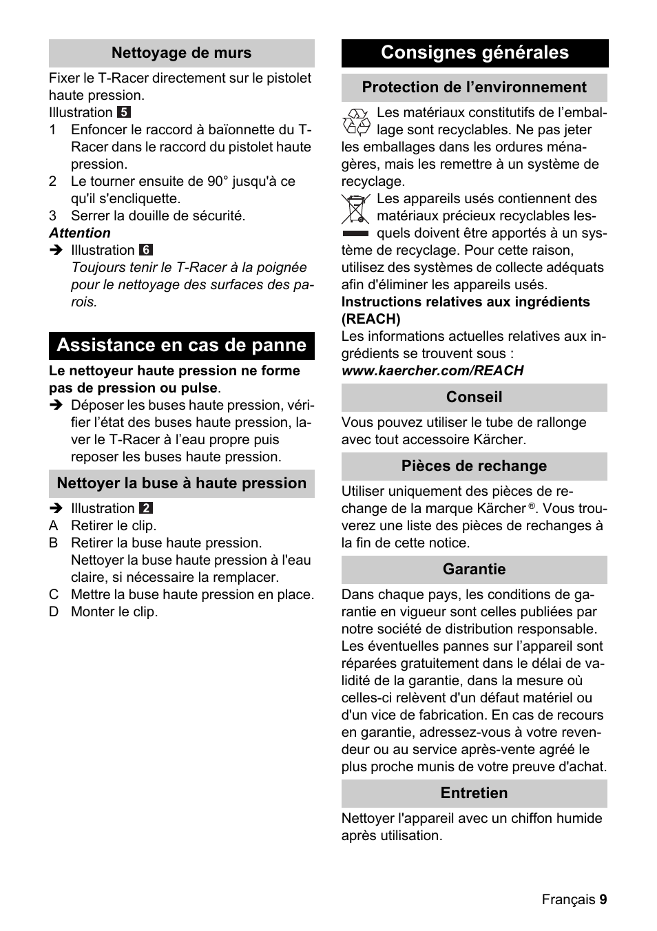 Assistance en cas de panne, Consignes générales | Karcher K 4 Premium eco!ogic Home User Manual | Page 9 / 64