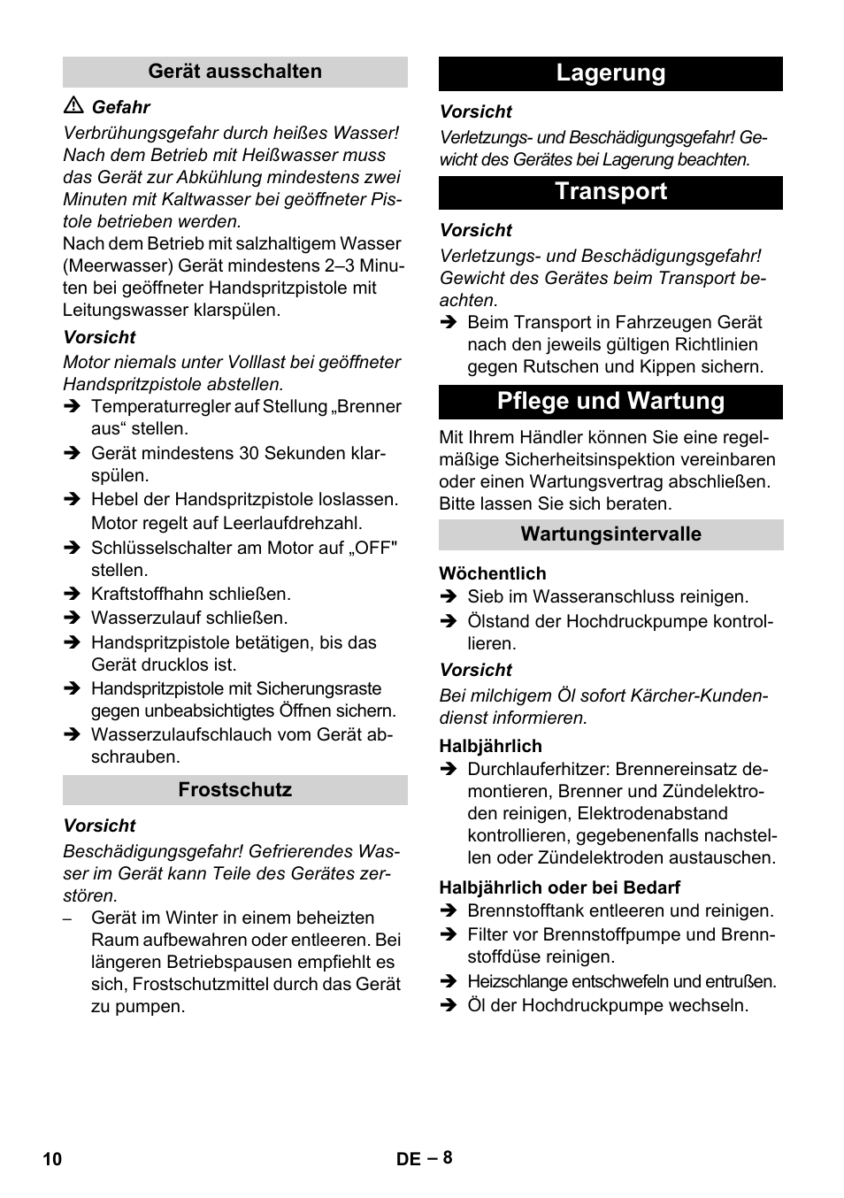 Lagerung transport pflege und wartung | Karcher HDS 801 B User Manual | Page 10 / 340