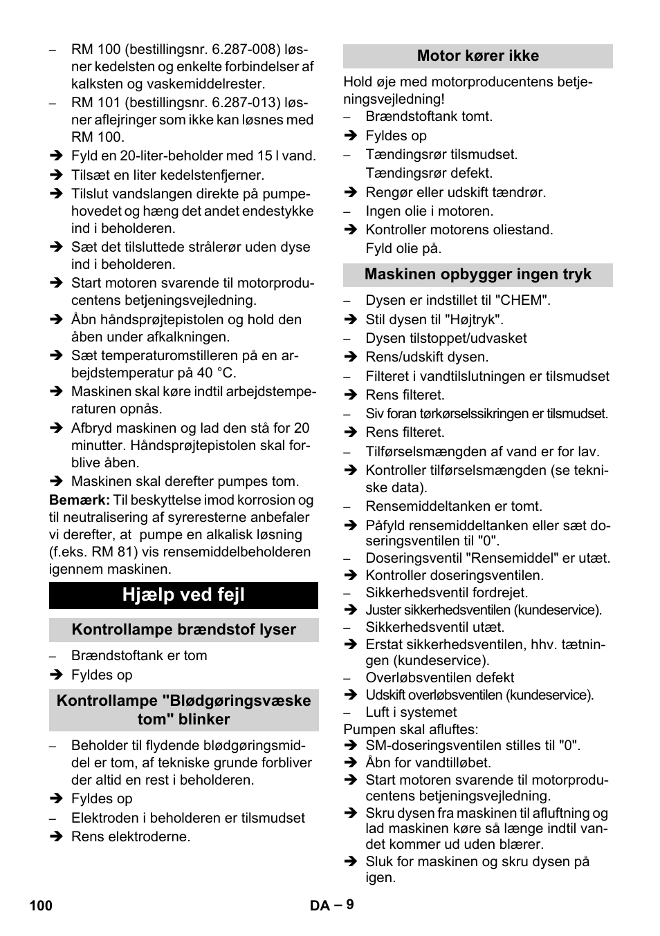 Hjælp ved fejl | Karcher HDS 801 B User Manual | Page 100 / 340