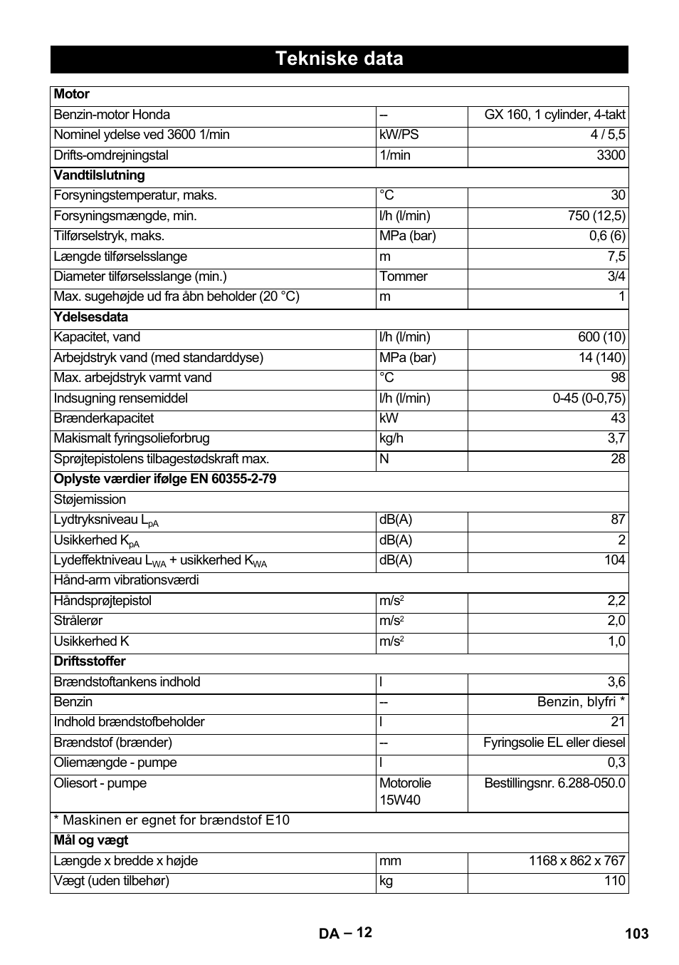 Tekniske data | Karcher HDS 801 B User Manual | Page 103 / 340