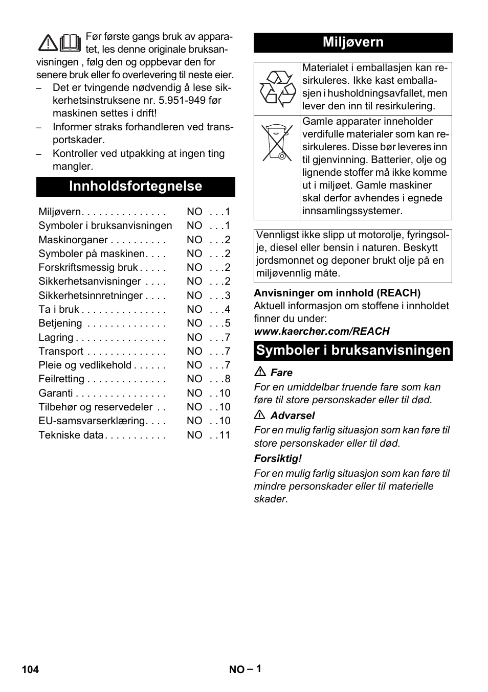 Norsk, Innholdsfortegnelse, Miljøvern | Symboler i bruksanvisningen | Karcher HDS 801 B User Manual | Page 104 / 340