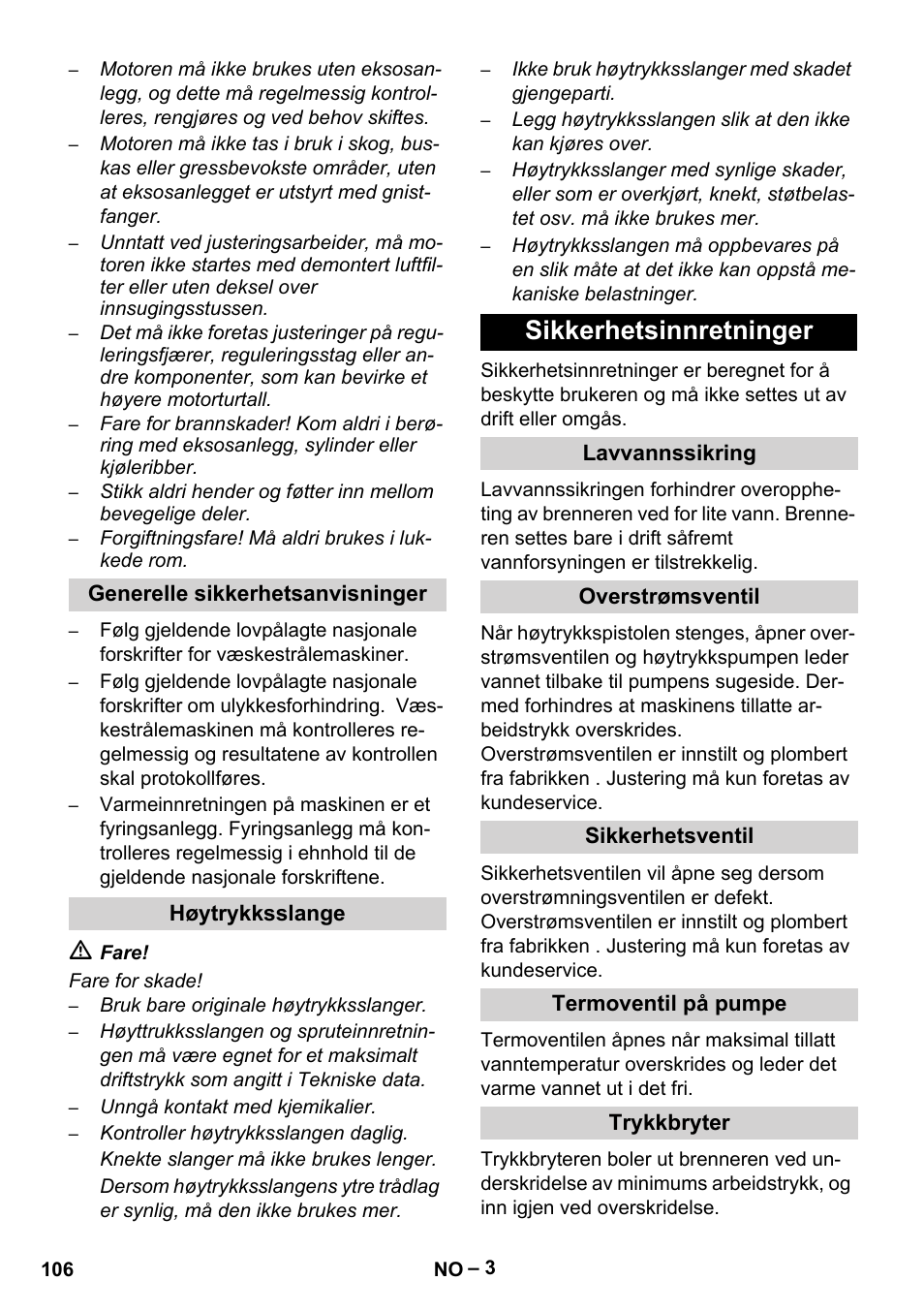 Sikkerhetsinnretninger | Karcher HDS 801 B User Manual | Page 106 / 340