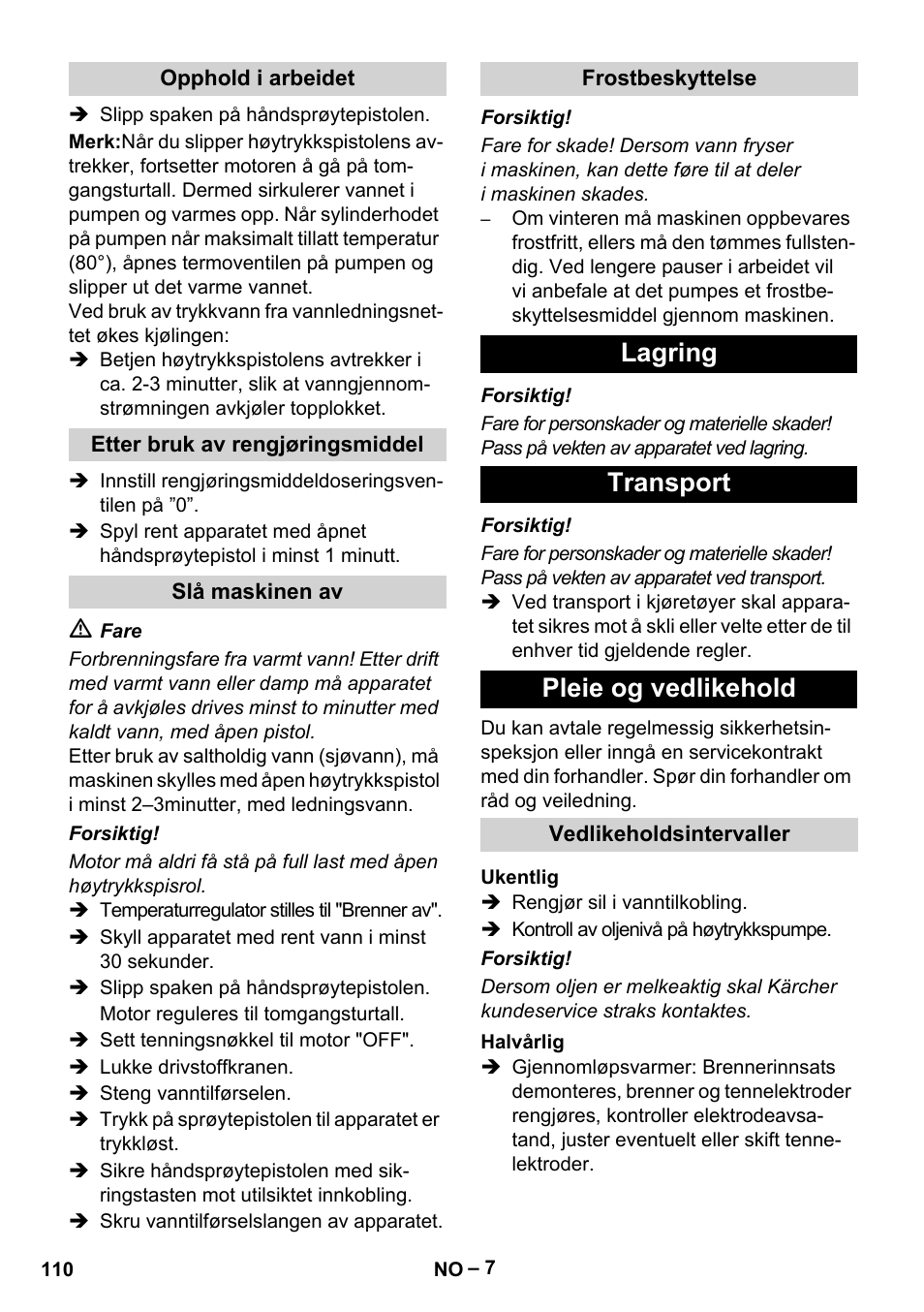 Lagring transport pleie og vedlikehold | Karcher HDS 801 B User Manual | Page 110 / 340