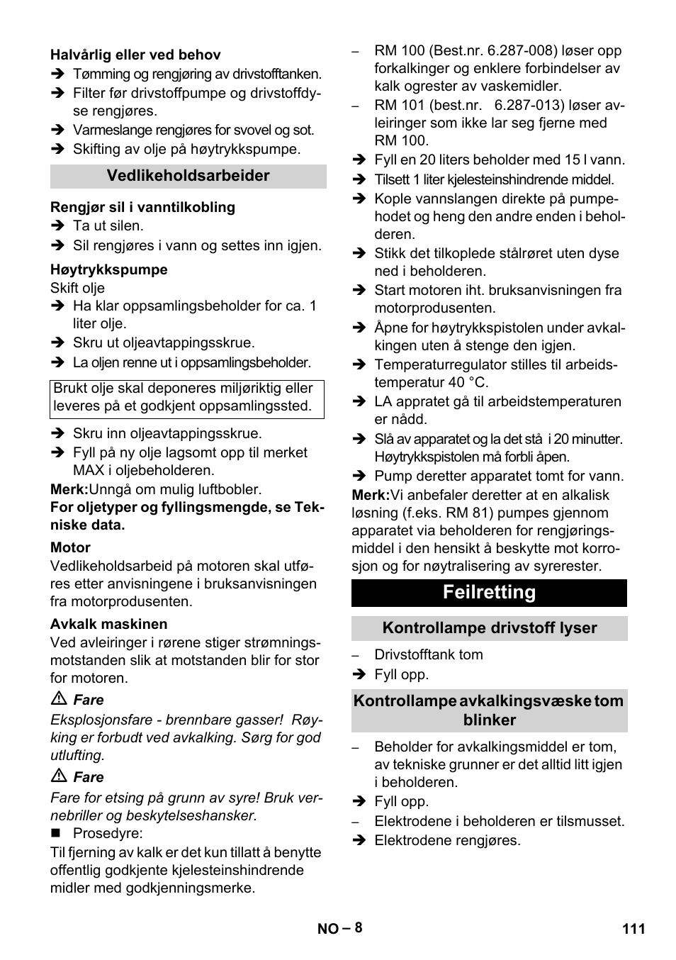 Feilretting | Karcher HDS 801 B User Manual | Page 111 / 340