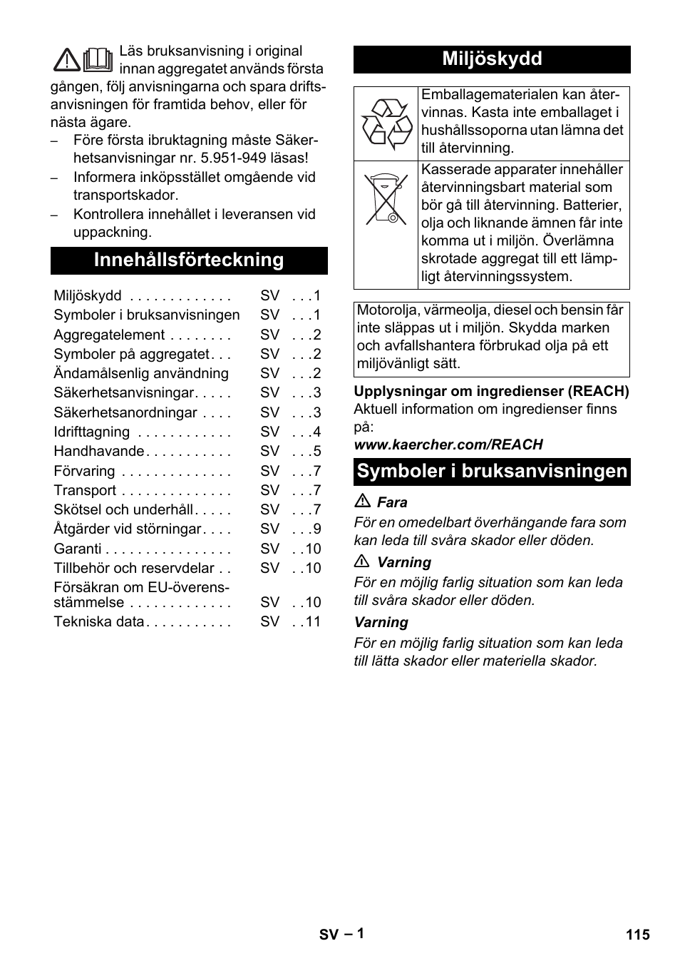 Svenska, Innehållsförteckning, Miljöskydd | Symboler i bruksanvisningen | Karcher HDS 801 B User Manual | Page 115 / 340