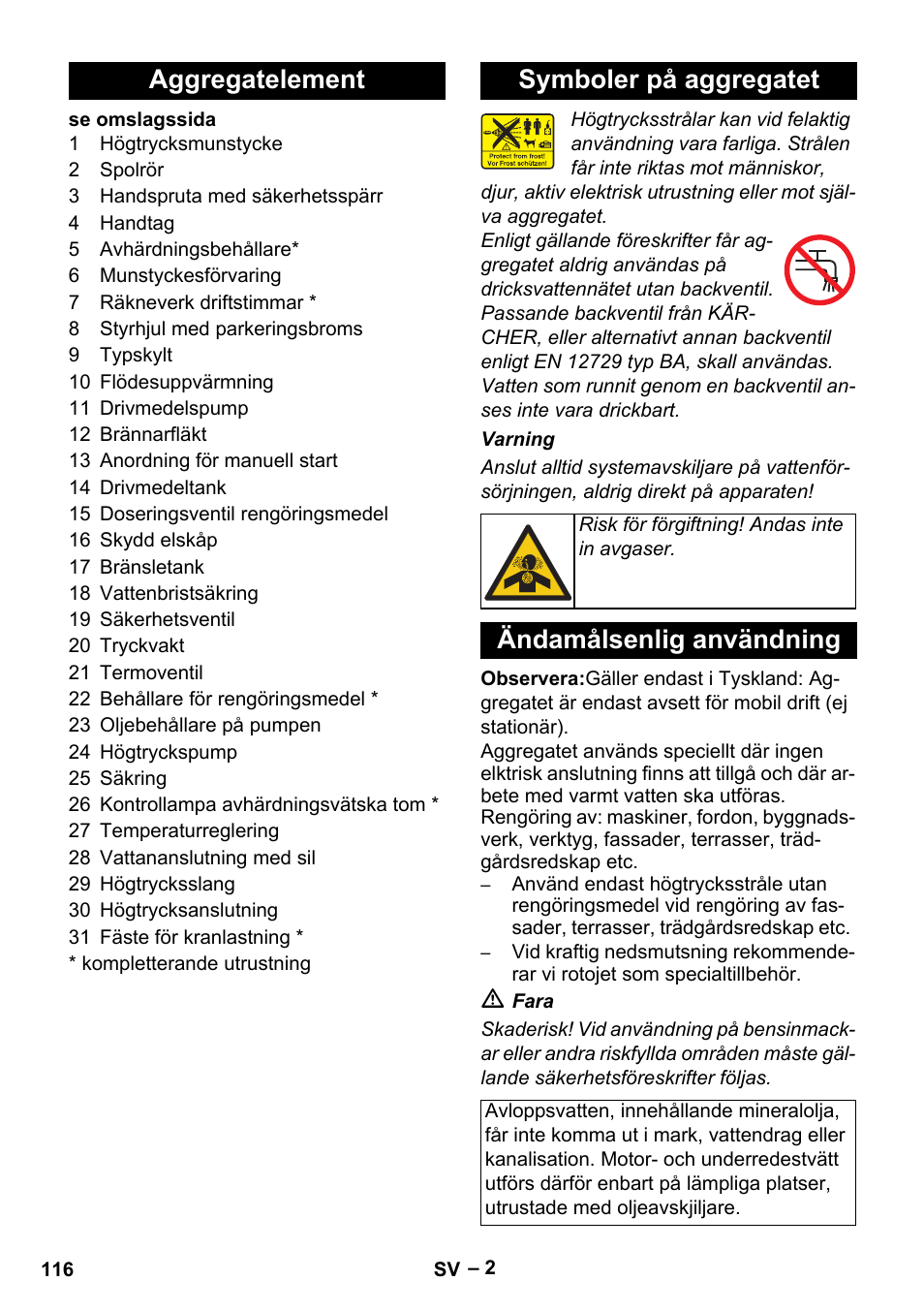 Aggregatelement symboler på aggregatet, Ändamålsenlig användning | Karcher HDS 801 B User Manual | Page 116 / 340