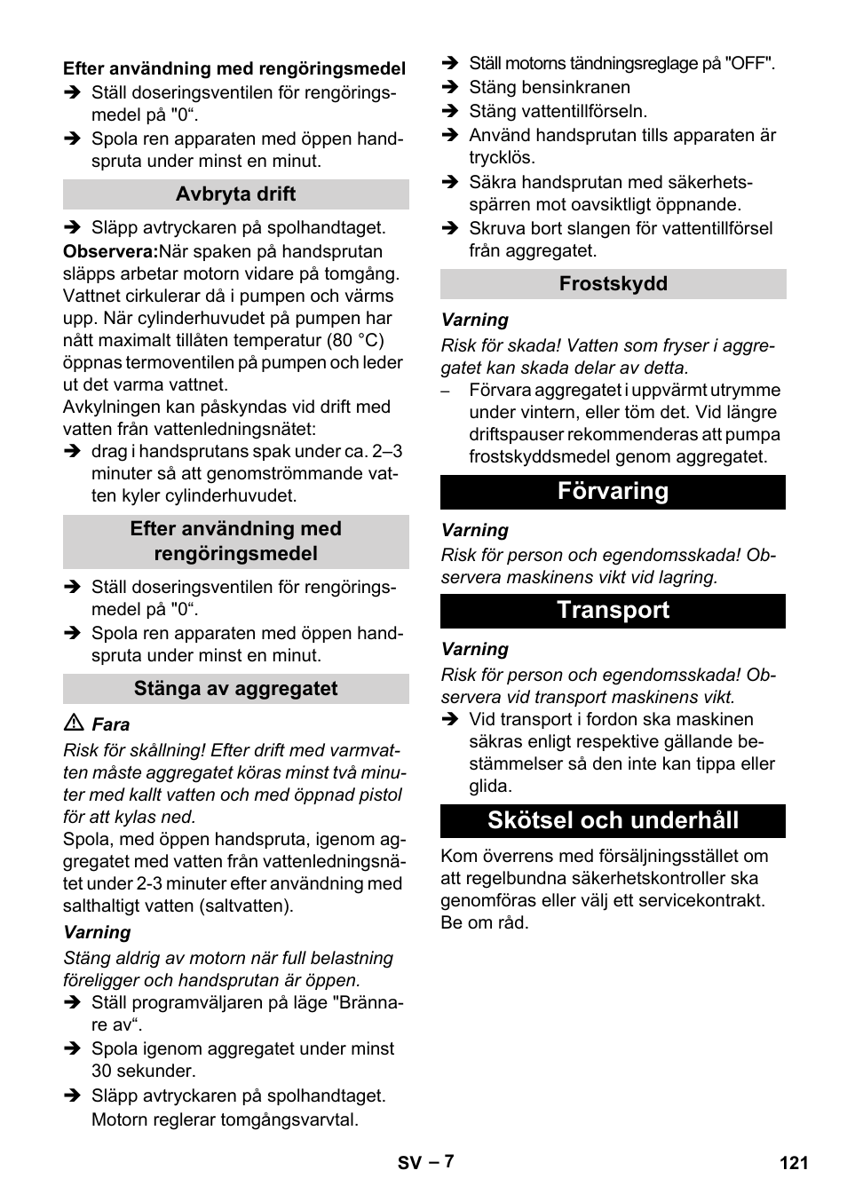 Förvaring transport skötsel och underhåll | Karcher HDS 801 B User Manual | Page 121 / 340