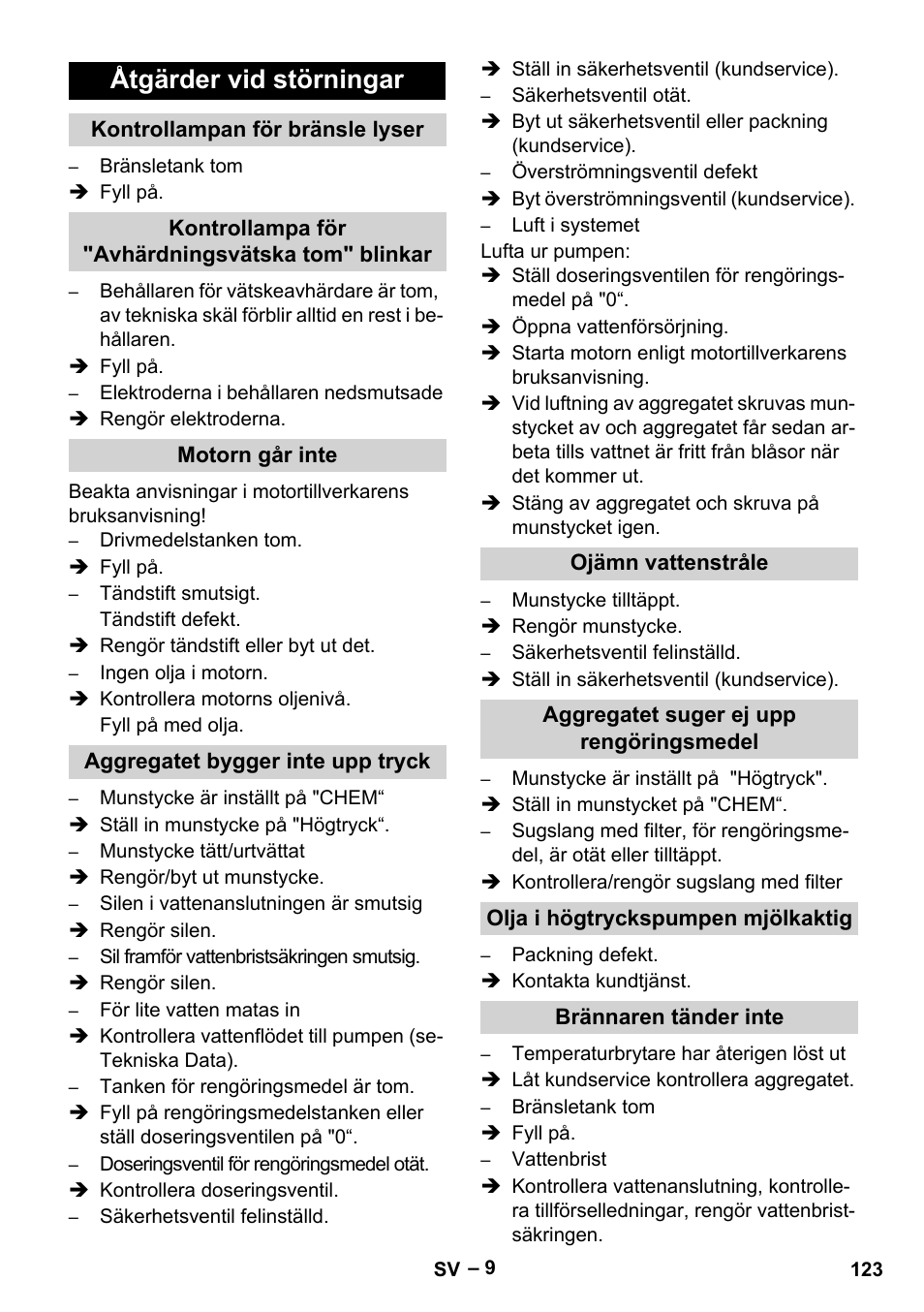 Åtgärder vid störningar | Karcher HDS 801 B User Manual | Page 123 / 340