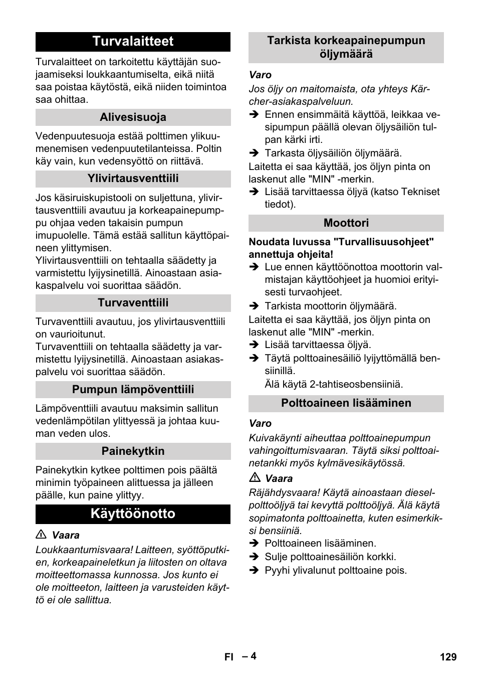 Turvalaitteet, Käyttöönotto | Karcher HDS 801 B User Manual | Page 129 / 340