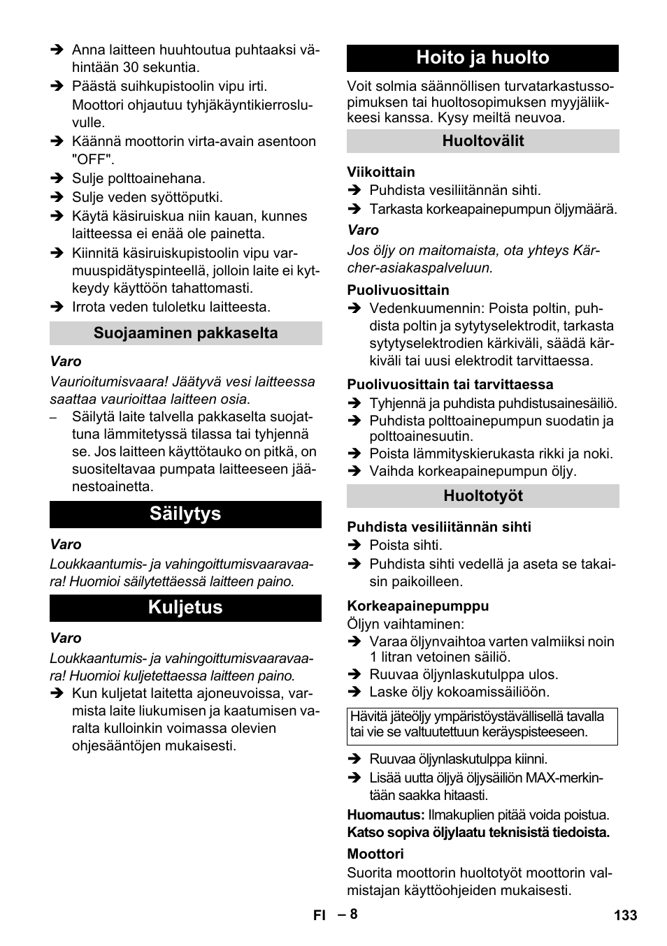 Säilytys kuljetus hoito ja huolto | Karcher HDS 801 B User Manual | Page 133 / 340