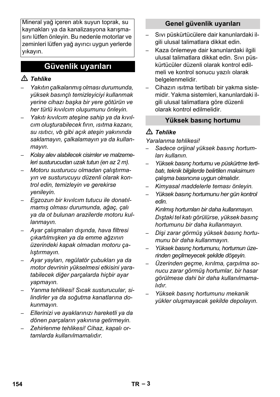 Güvenlik uyarıları | Karcher HDS 801 B User Manual | Page 154 / 340