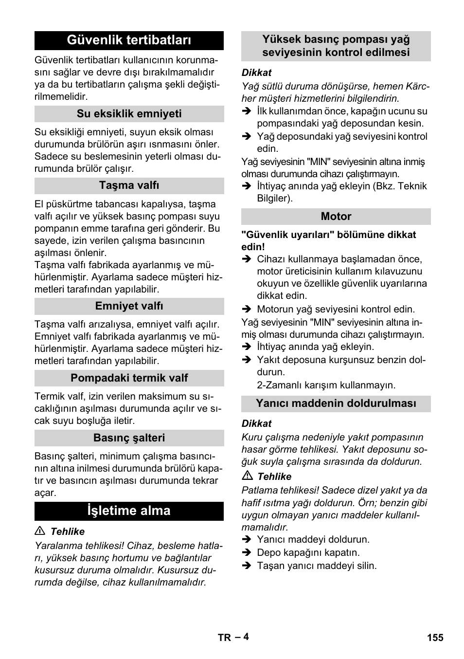 Güvenlik tertibatları, Işletime alma | Karcher HDS 801 B User Manual | Page 155 / 340