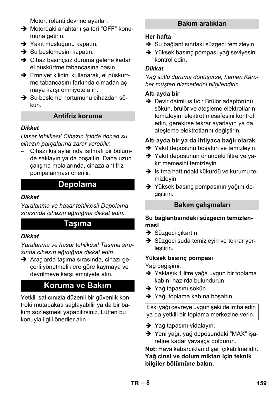 Depolama taşıma koruma ve bakım | Karcher HDS 801 B User Manual | Page 159 / 340