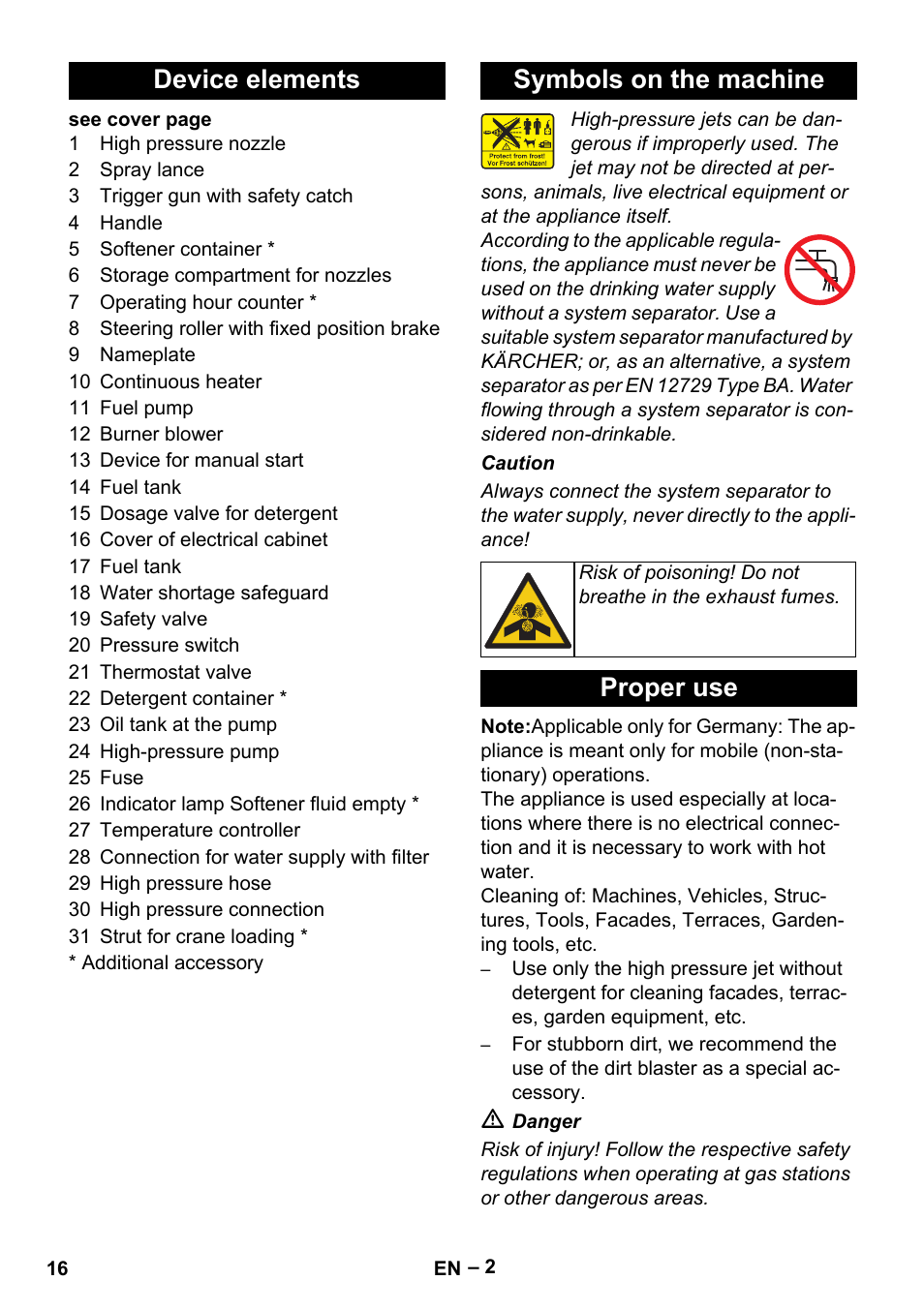 Device elements symbols on the machine, Proper use | Karcher HDS 801 B User Manual | Page 16 / 340