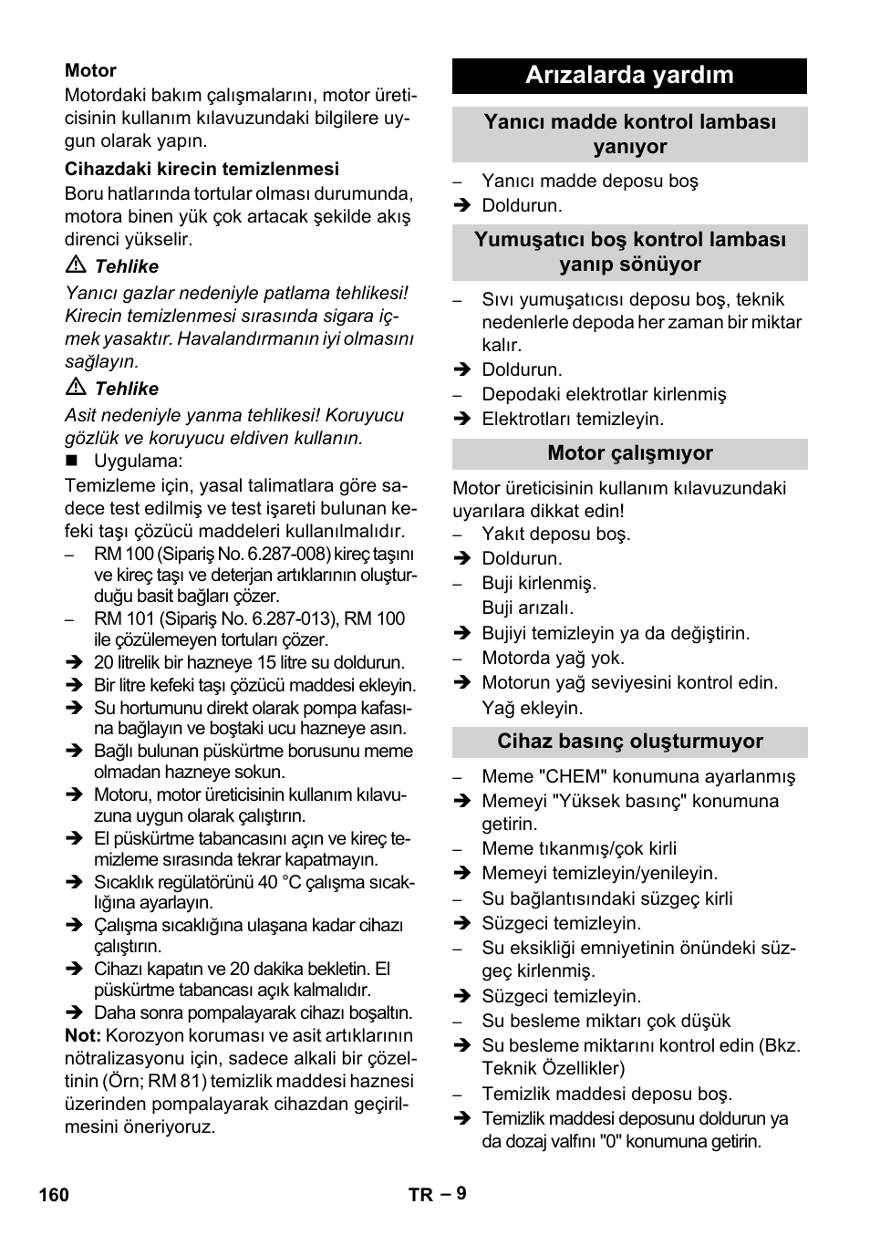 Arızalarda yardım | Karcher HDS 801 B User Manual | Page 160 / 340