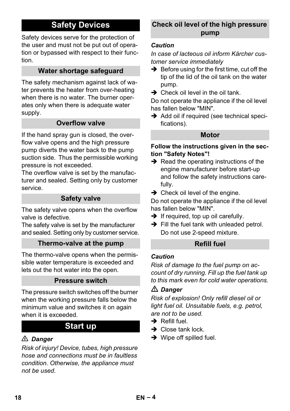 Safety devices, Start up | Karcher HDS 801 B User Manual | Page 18 / 340