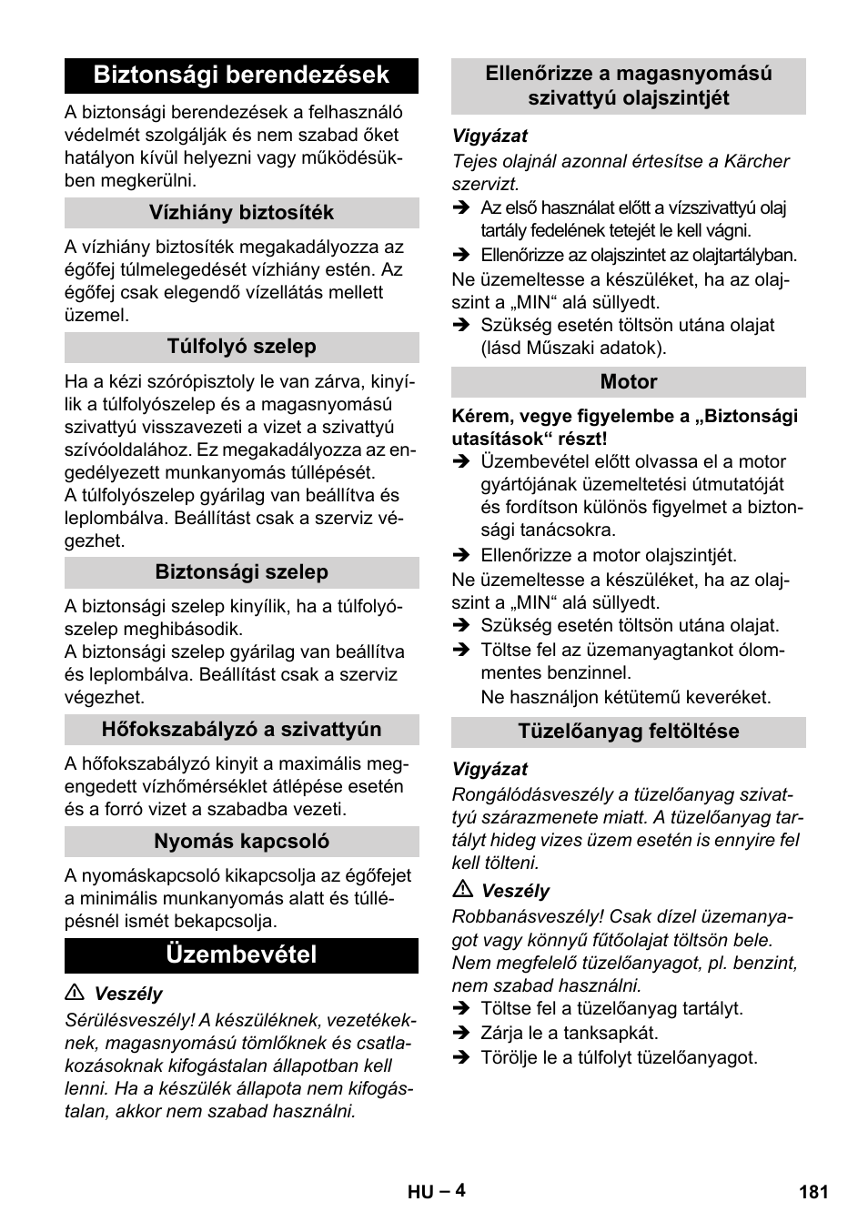 Biztonsági berendezések, Üzembevétel | Karcher HDS 801 B User Manual | Page 181 / 340