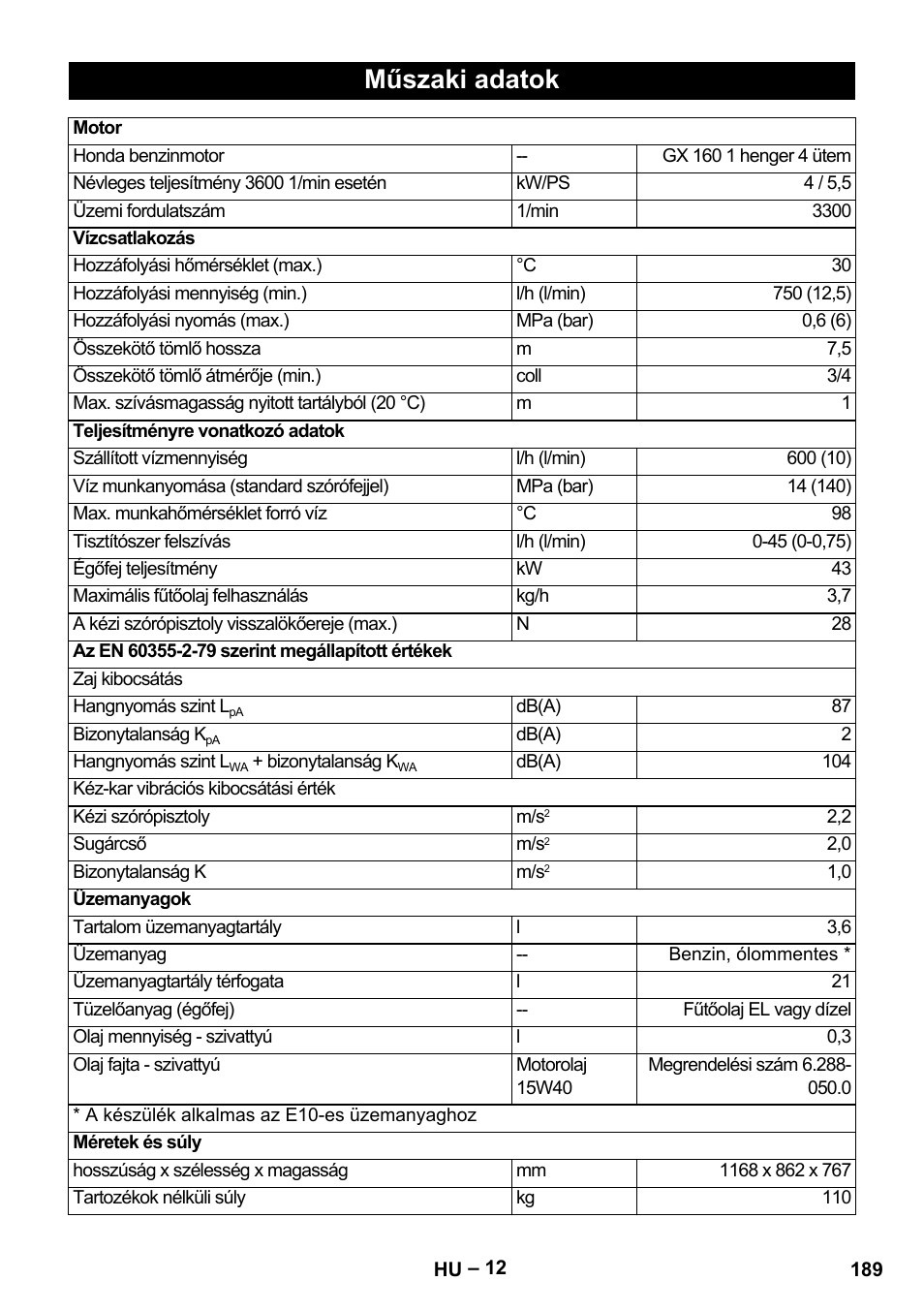 Műszaki adatok | Karcher HDS 801 B User Manual | Page 189 / 340