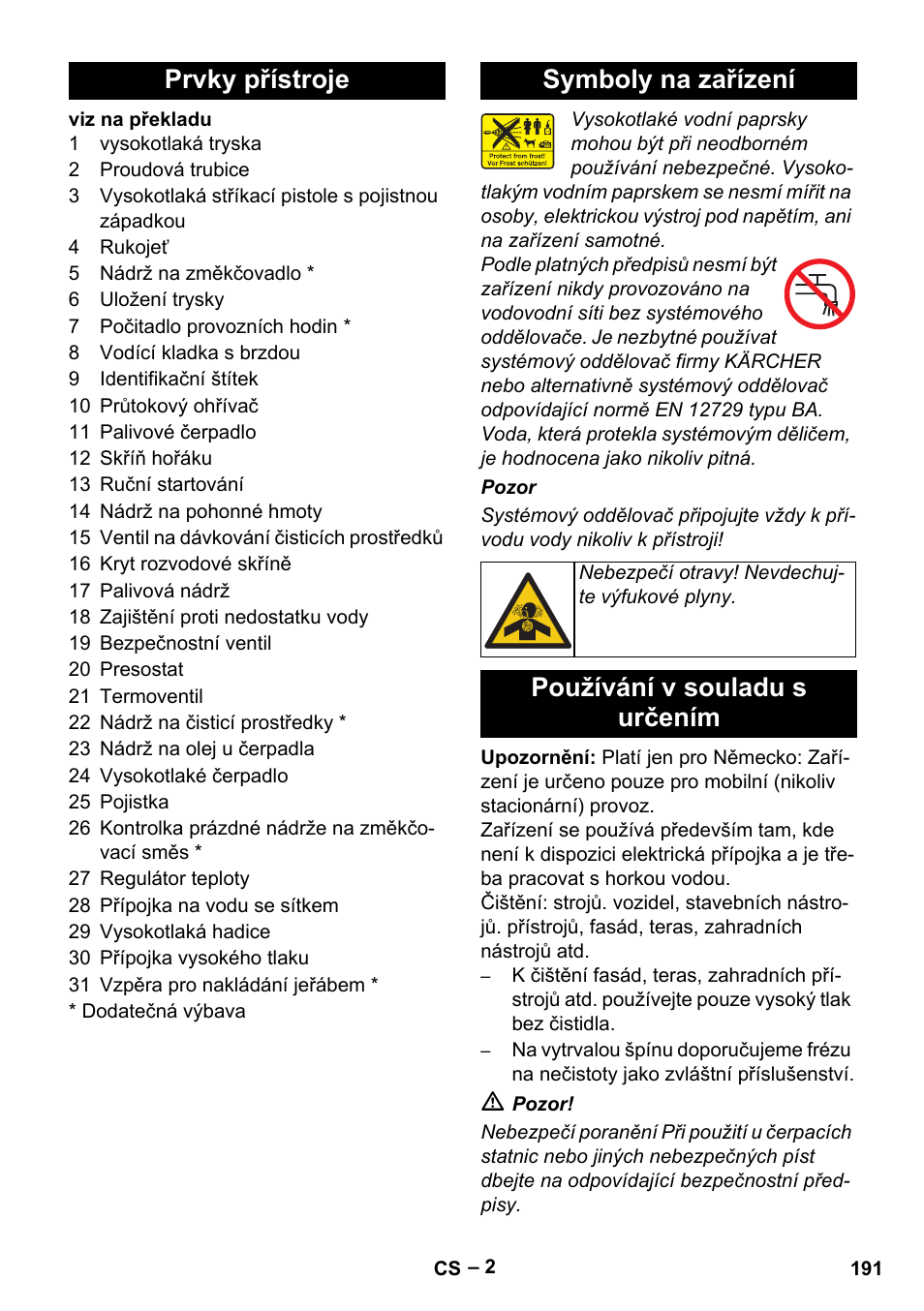 Prvky přístroje symboly na zařízení, Používání v souladu s určením | Karcher HDS 801 B User Manual | Page 191 / 340