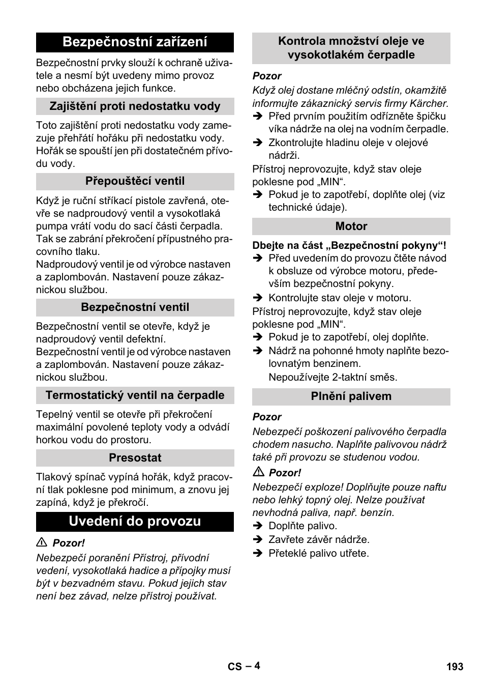 Bezpečnostní zařízení, Uvedení do provozu | Karcher HDS 801 B User Manual | Page 193 / 340