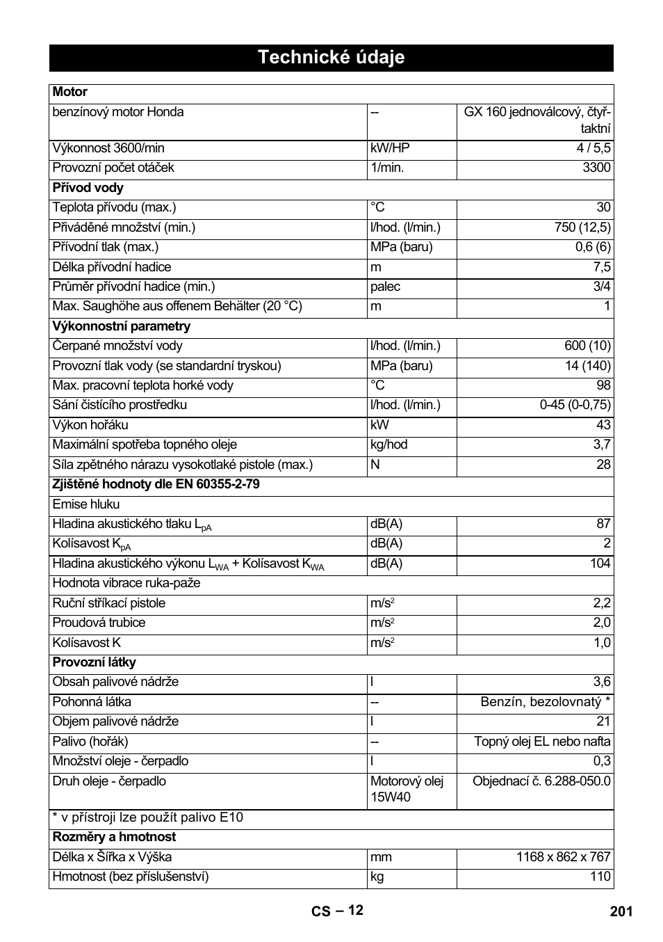 Technické údaje | Karcher HDS 801 B User Manual | Page 201 / 340