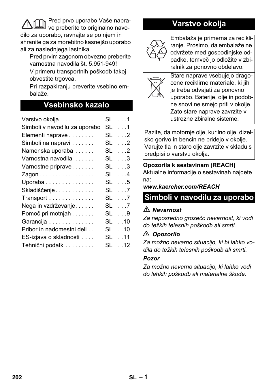 Slovenščina, Slovenšina, Vsebinsko kazalo | Varstvo okolja, Simboli v navodilu za uporabo | Karcher HDS 801 B User Manual | Page 202 / 340