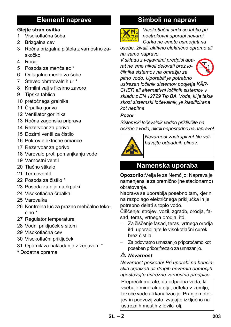 Elementi naprave simboli na napravi, Namenska uporaba | Karcher HDS 801 B User Manual | Page 203 / 340