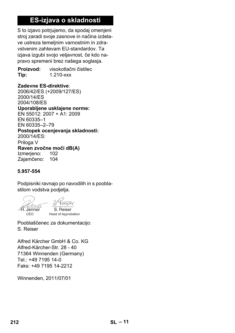 Es-izjava o skladnosti | Karcher HDS 801 B User Manual | Page 212 / 340