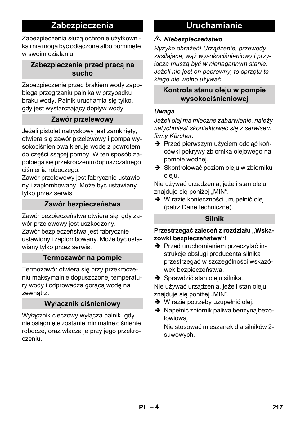 Zabezpieczenia, Uruchamianie | Karcher HDS 801 B User Manual | Page 217 / 340