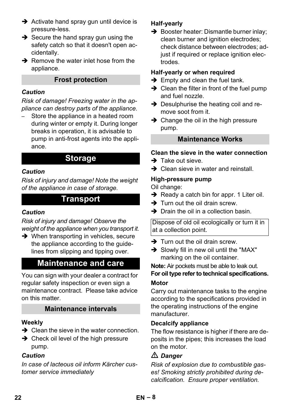 Storage transport maintenance and care | Karcher HDS 801 B User Manual | Page 22 / 340