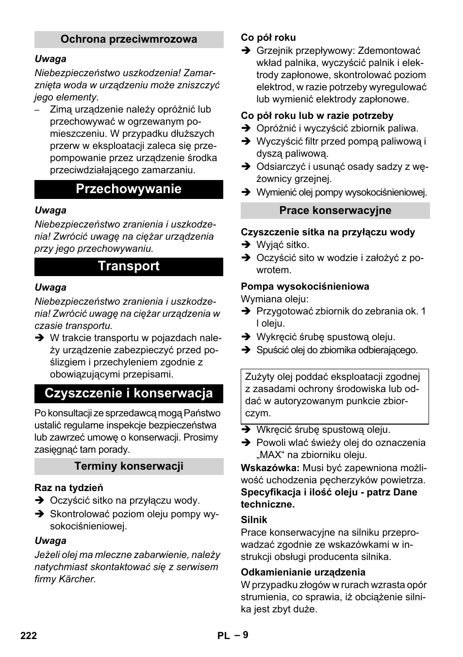 Przechowywanie transport czyszczenie i konserwacja | Karcher HDS 801 B User Manual | Page 222 / 340