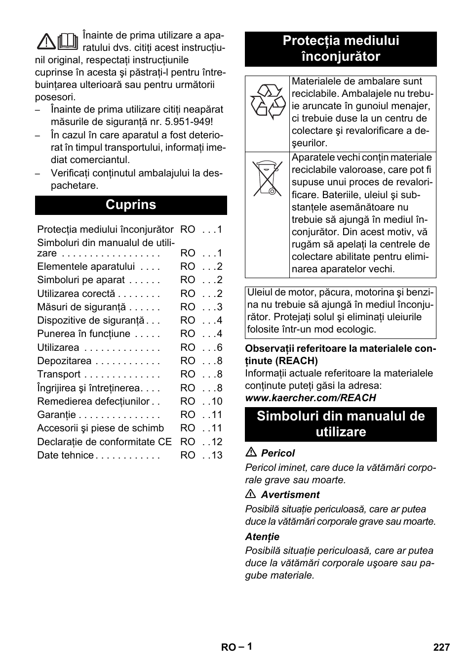 Româneşte, Românete, Cuprins | Protecţia mediului înconjurător, Simboluri din manualul de utilizare | Karcher HDS 801 B User Manual | Page 227 / 340