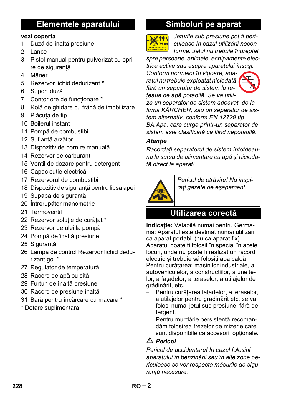 Elementele aparatului simboluri pe aparat, Utilizarea corectă | Karcher HDS 801 B User Manual | Page 228 / 340