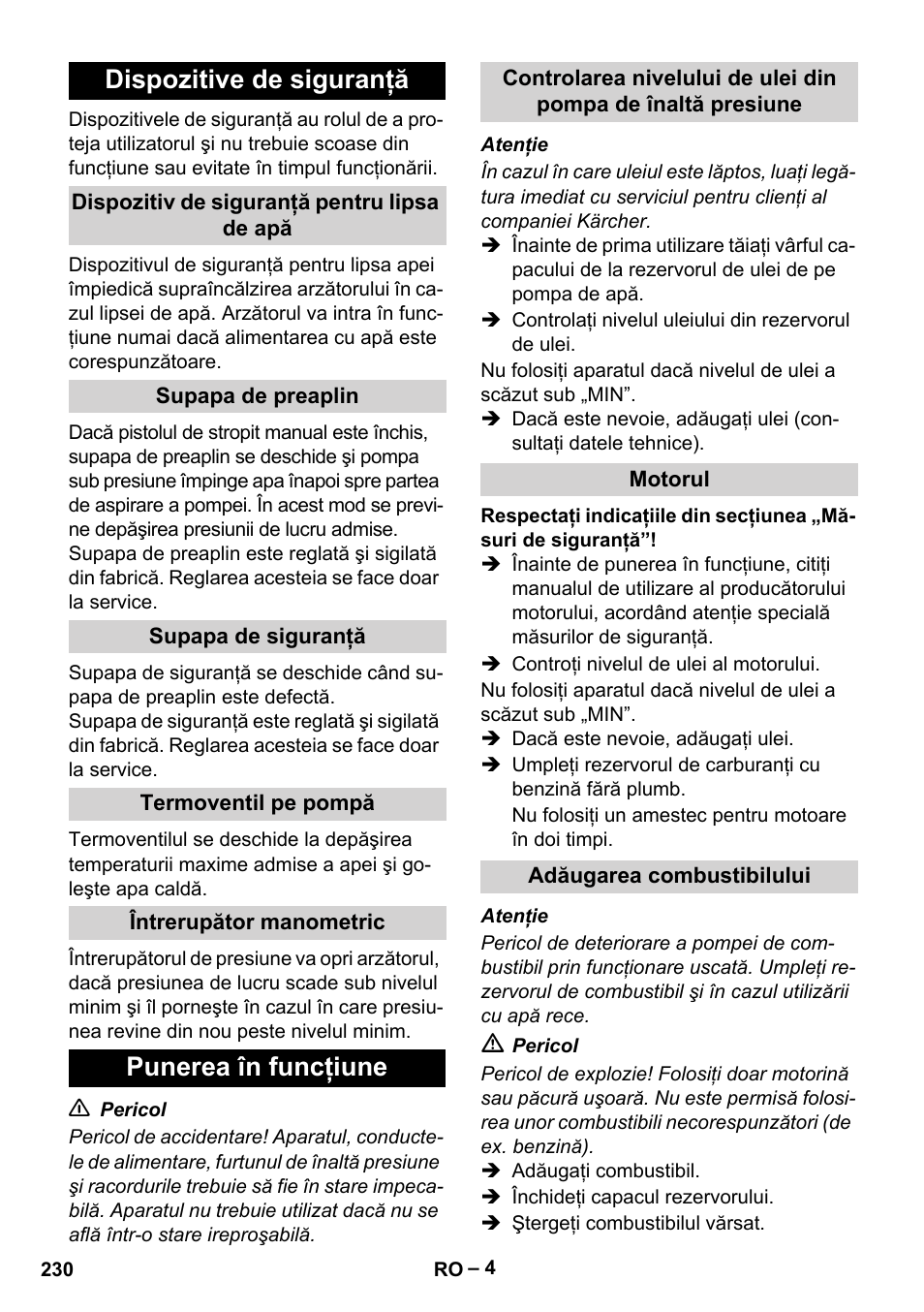Dispozitive de siguranţă, Punerea în funcţiune | Karcher HDS 801 B User Manual | Page 230 / 340