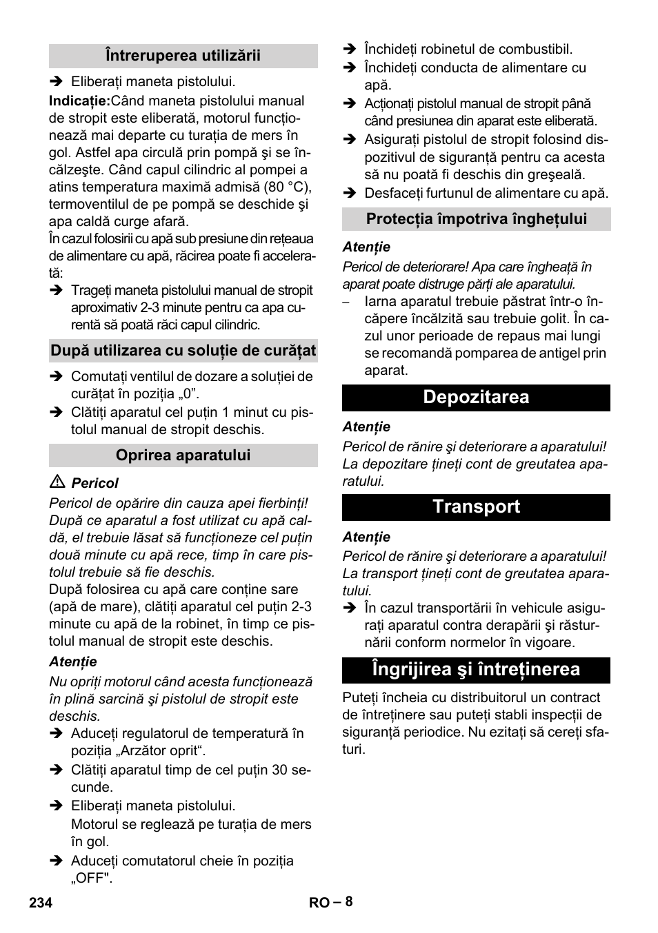 Depozitarea transport îngrijirea şi întreţinerea | Karcher HDS 801 B User Manual | Page 234 / 340