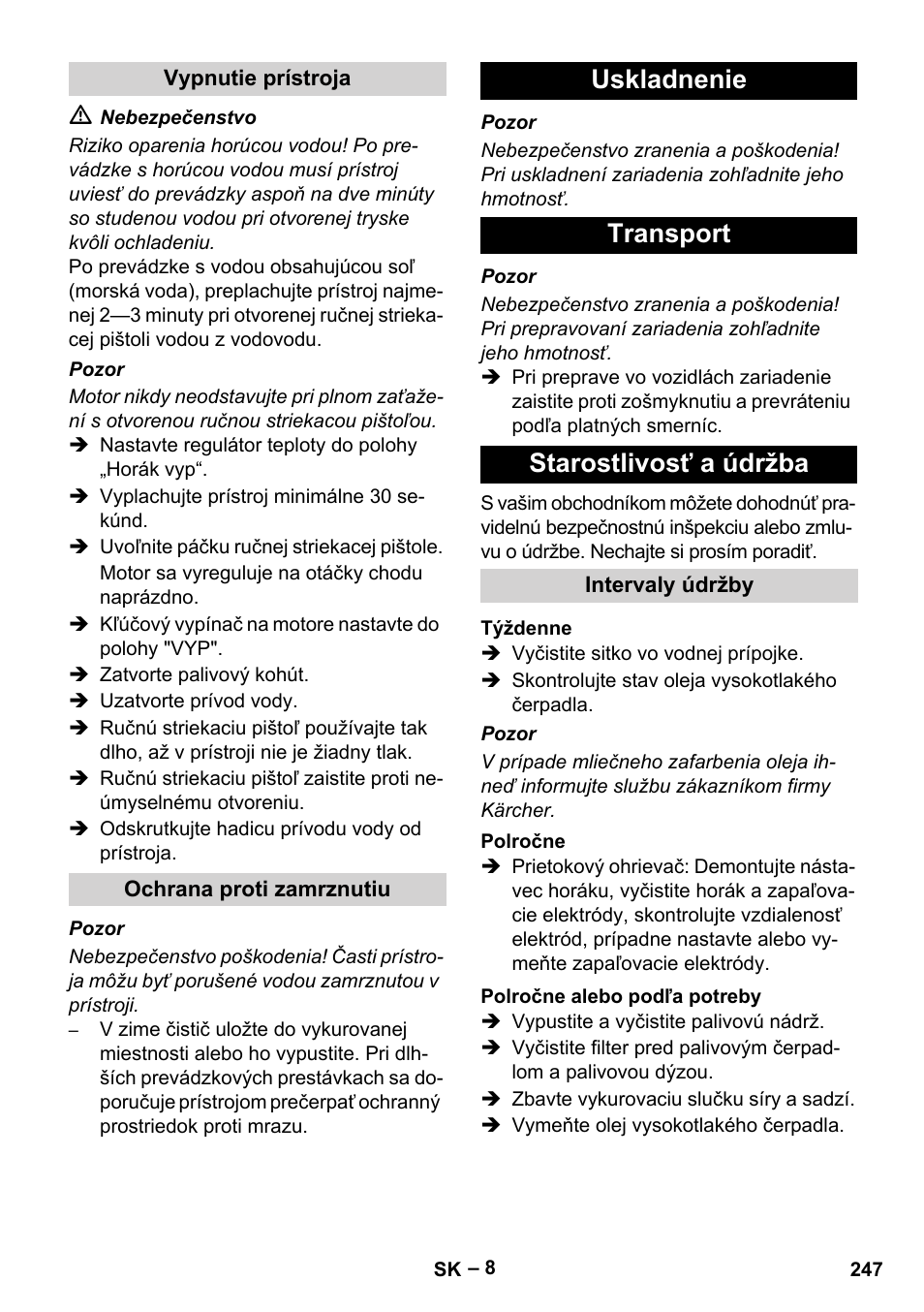 Uskladnenie transport starostlivosť a údržba | Karcher HDS 801 B User Manual | Page 247 / 340