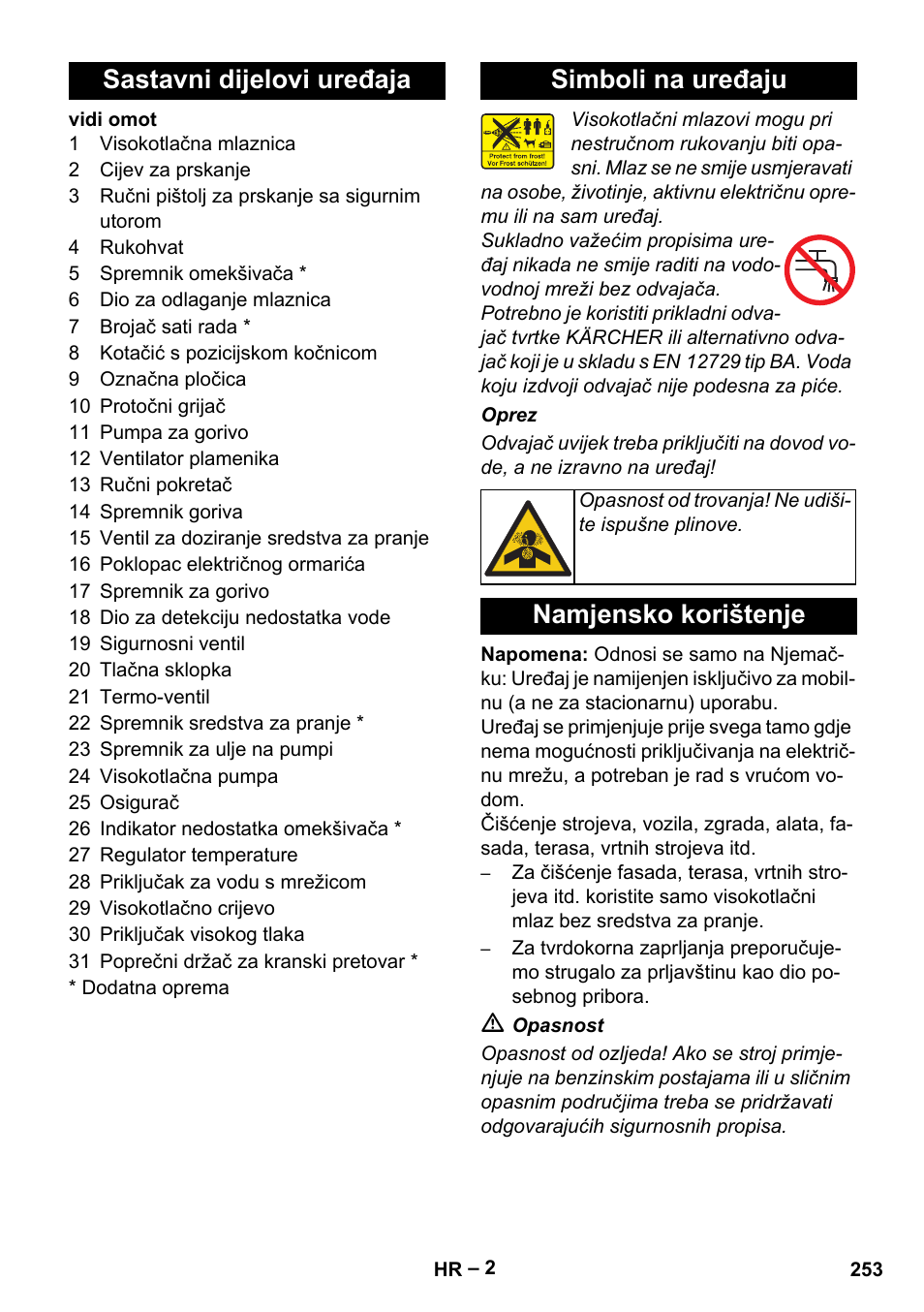 Sastavni dijelovi uređaja simboli na uređaju, Namjensko korištenje | Karcher HDS 801 B User Manual | Page 253 / 340