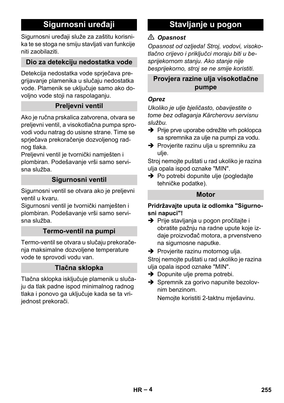 Sigurnosni uređaji, Stavljanje u pogon | Karcher HDS 801 B User Manual | Page 255 / 340