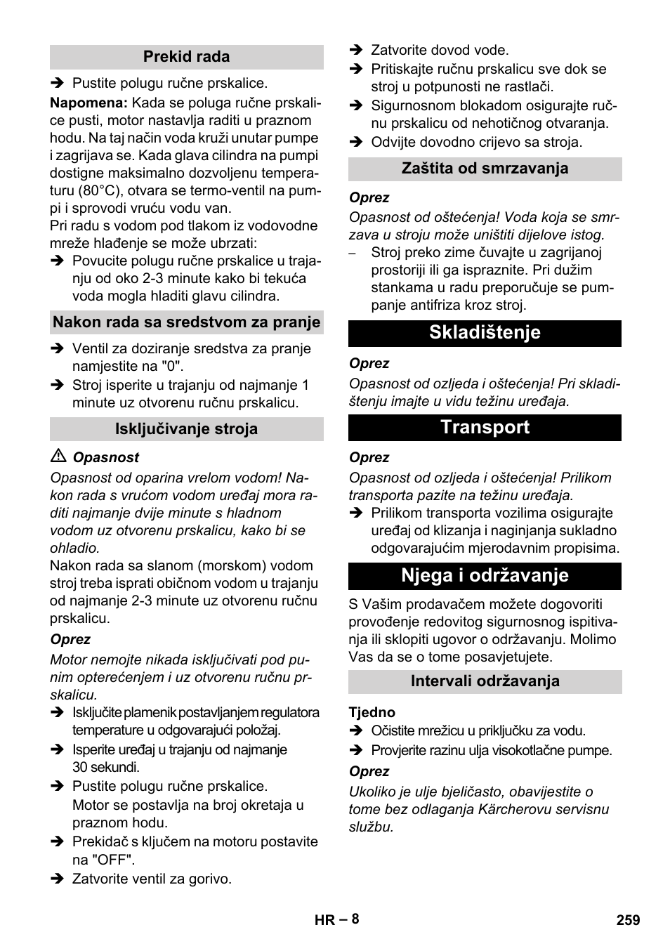 Skladištenje transport njega i održavanje | Karcher HDS 801 B User Manual | Page 259 / 340