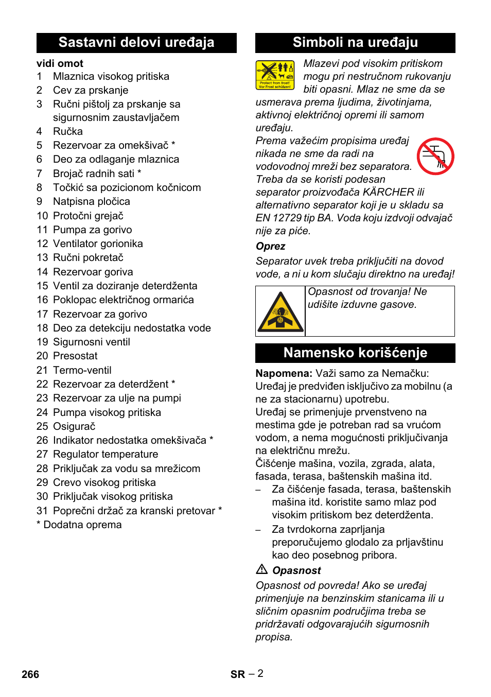Sastavni delovi uređaja simboli na uređaju, Namensko korišćenje | Karcher HDS 801 B User Manual | Page 266 / 340