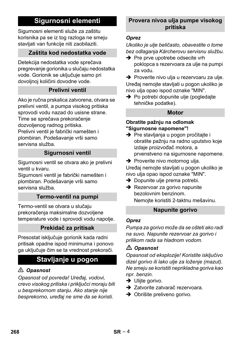 Sigurnosni elementi, Stavljanje u pogon | Karcher HDS 801 B User Manual | Page 268 / 340