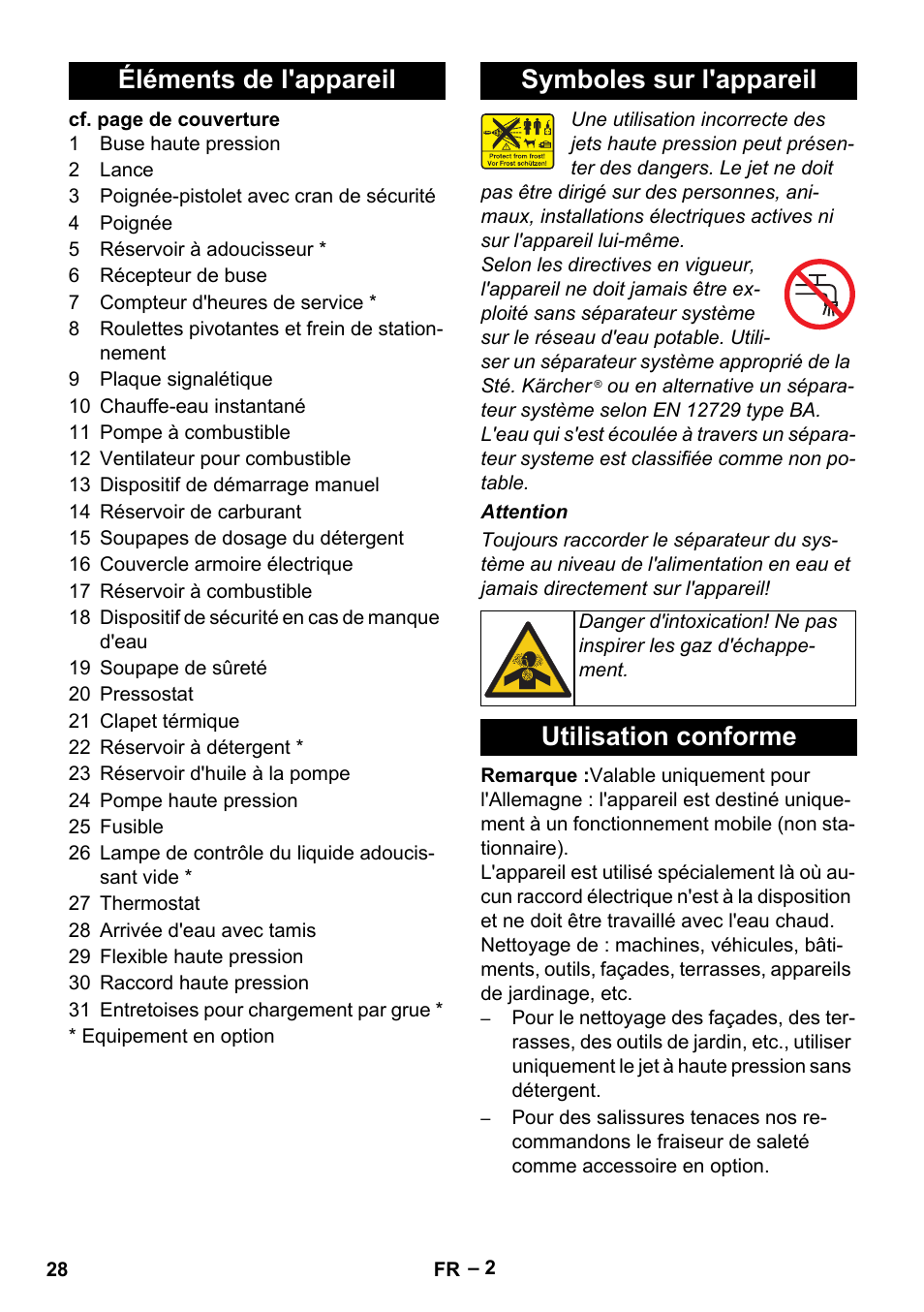 Éléments de l'appareil symboles sur l'appareil, Utilisation conforme | Karcher HDS 801 B User Manual | Page 28 / 340