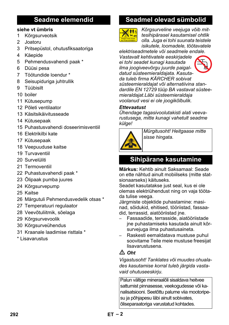 Seadme elemendid seadmel olevad sümbolid, Sihipärane kasutamine | Karcher HDS 801 B User Manual | Page 292 / 340