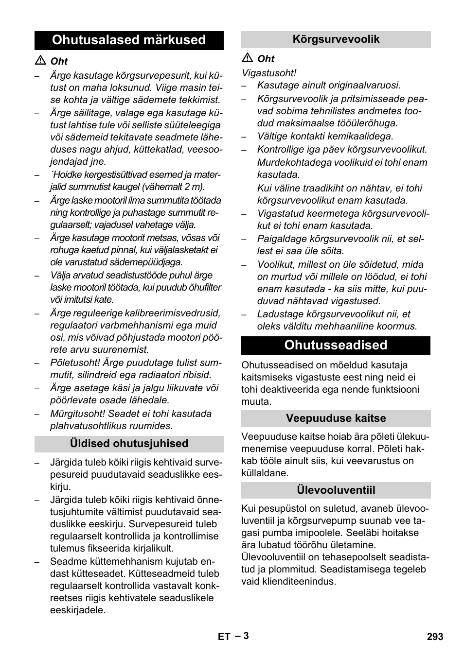 Ohutusalased märkused, Ohutusseadised | Karcher HDS 801 B User Manual | Page 293 / 340