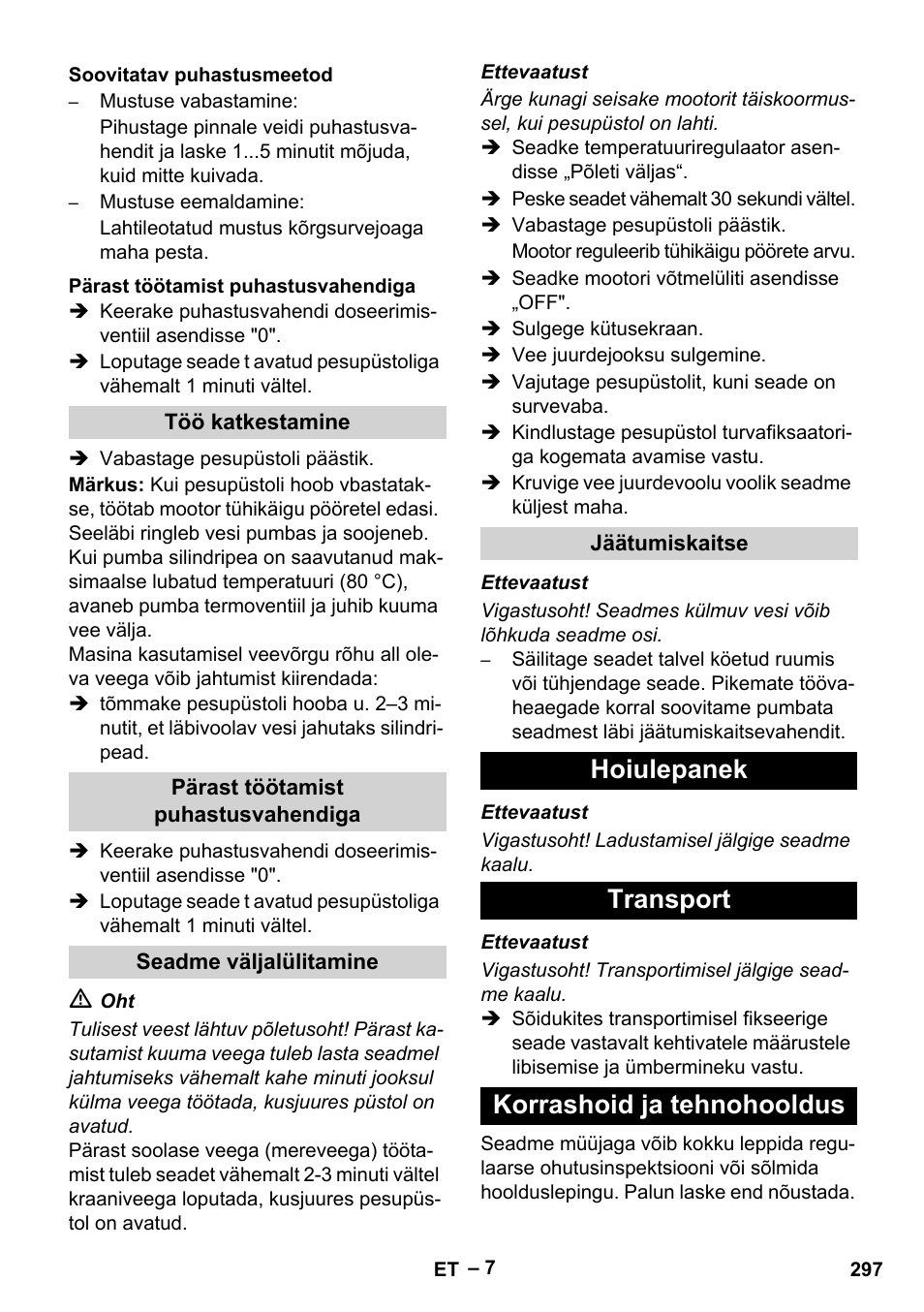 Hoiulepanek transport korrashoid ja tehnohooldus | Karcher HDS 801 B User Manual | Page 297 / 340