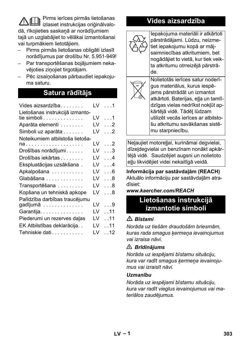 Latviešu, Satura rādītājs, Vides aizsardzība | Lietošanas instrukcijā izmantotie simboli | Karcher HDS 801 B User Manual | Page 303 / 340