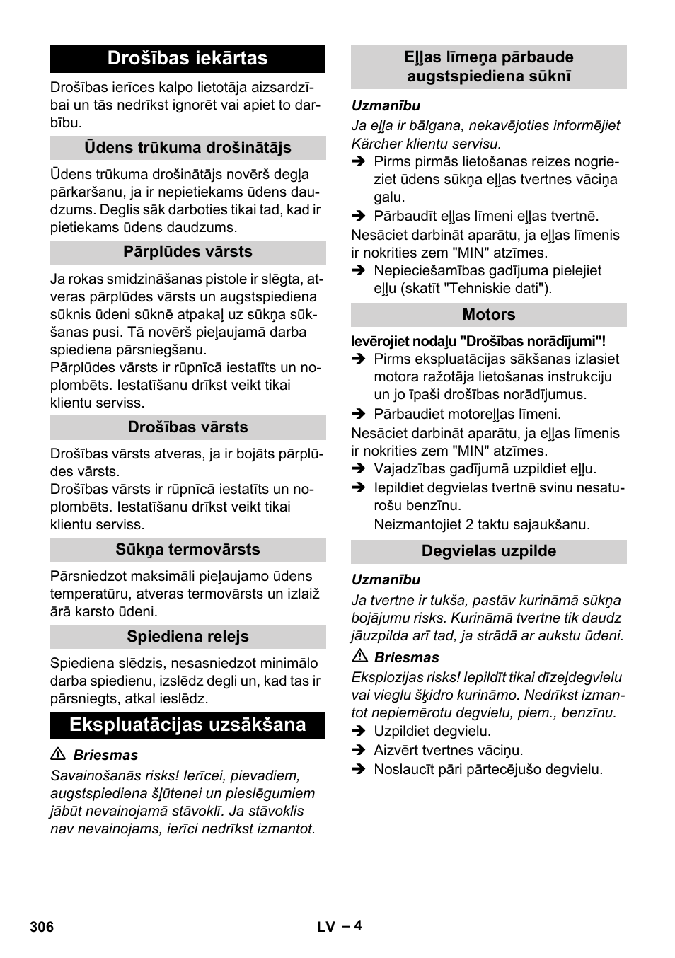 Drošības iekārtas, Ekspluatācijas uzsākšana | Karcher HDS 801 B User Manual | Page 306 / 340