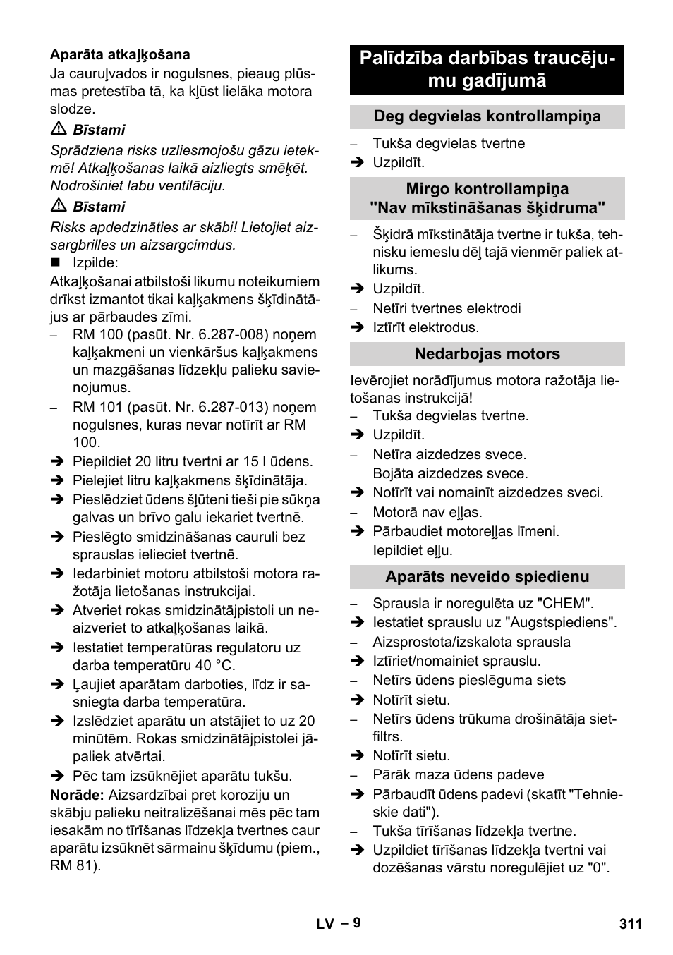 Palīdzība darbības traucēju- mu gadījumā | Karcher HDS 801 B User Manual | Page 311 / 340