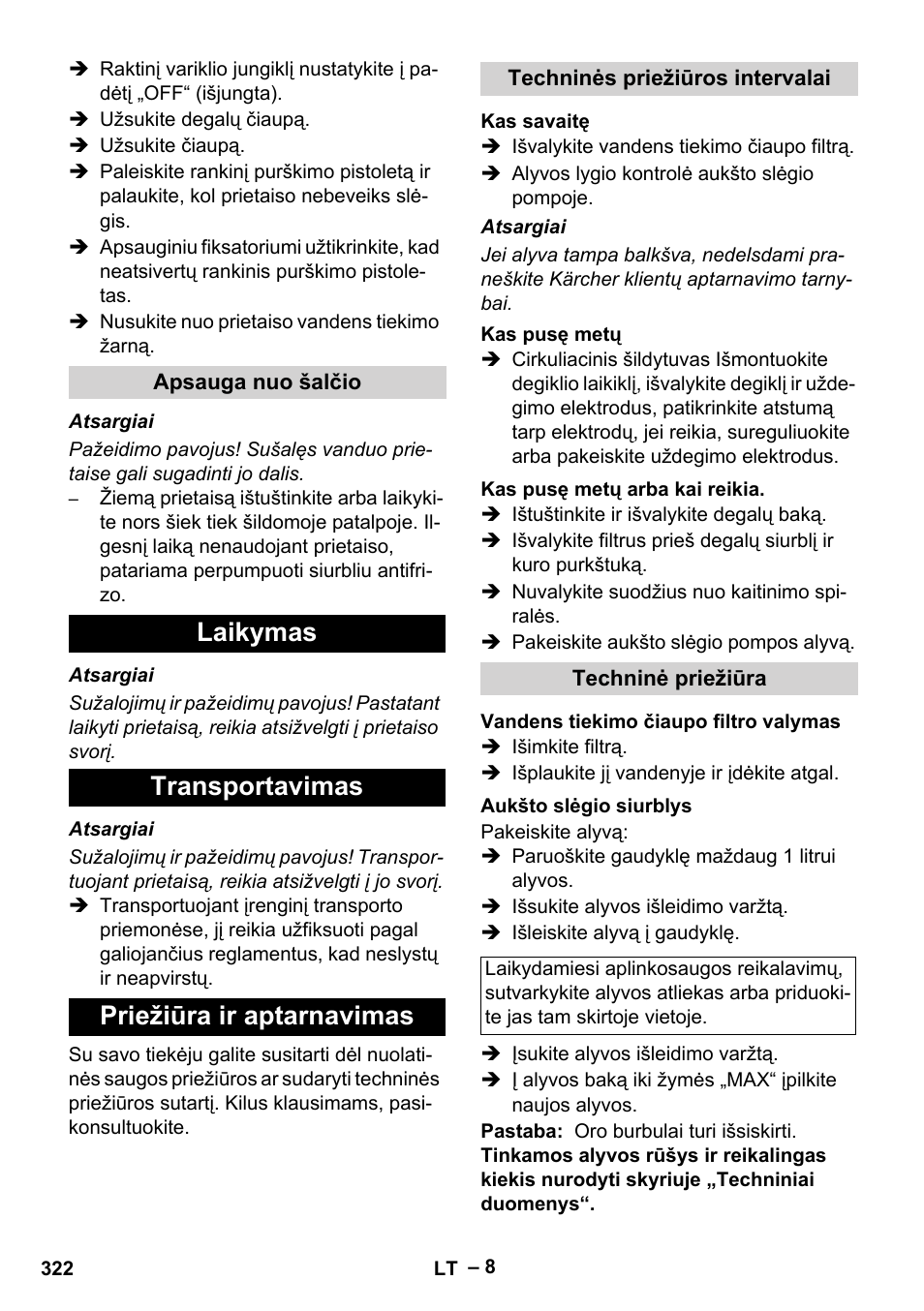 Laikymas transportavimas priežiūra ir aptarnavimas | Karcher HDS 801 B User Manual | Page 322 / 340