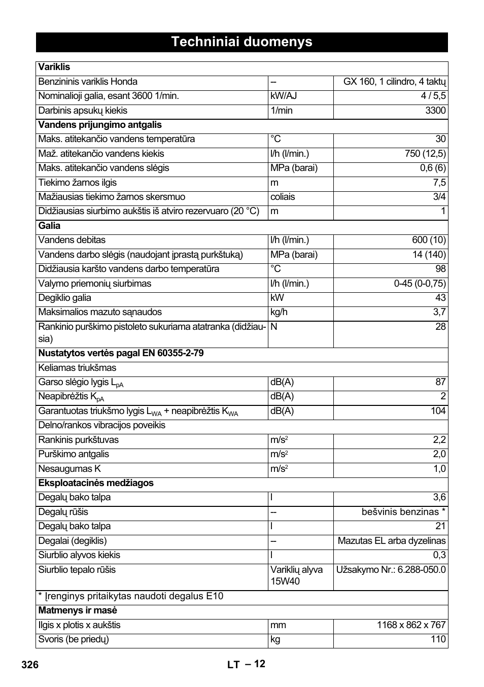 Techniniai duomenys | Karcher HDS 801 B User Manual | Page 326 / 340